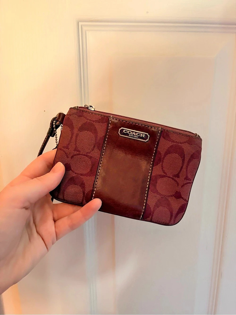 Coach Signature Stripe Small Wristlet Crossbody in Red & Brown